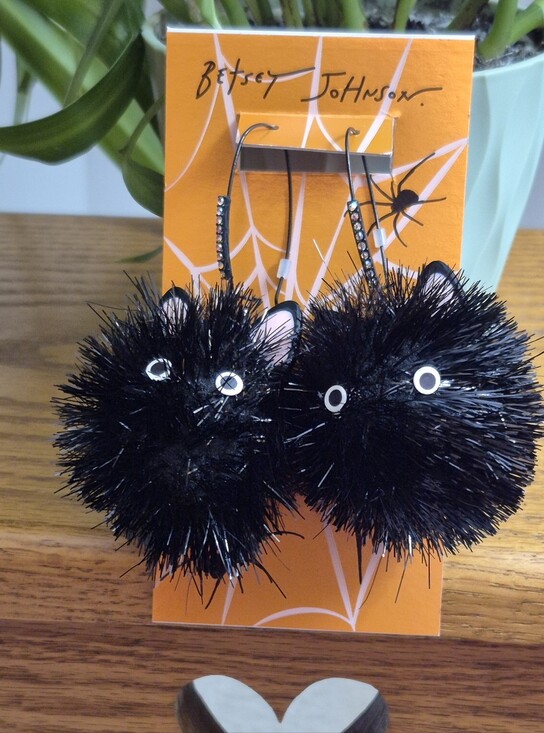 Betsey Johnson Jewelry - Betsey Johnson Black Fuzzy Cat Pom Drop Earrings. NEW WITH TAGS